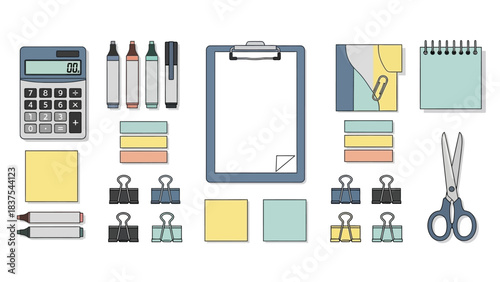 Office desk essentials calculator markers clipboard notepads clips and scissors