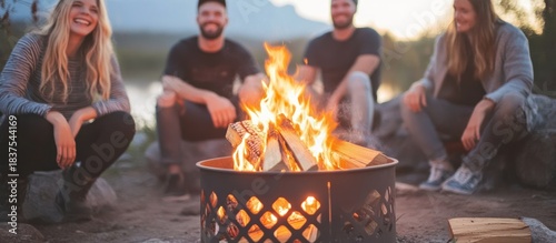 Friends Enjoying Bonfire Outdoors at Dusk