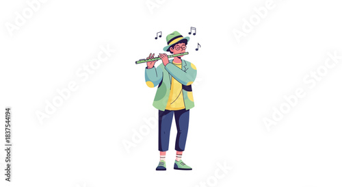 Young musician plays the flute with musical notes floating around him enjoying the music.