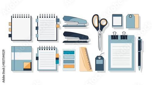 Office supplies notebooks staplers scissors pen ruler and tags on a white background