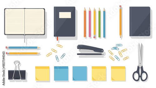Office supplies scattered notebooks pencils stapler paper clips scissors binder clip and sticky notes