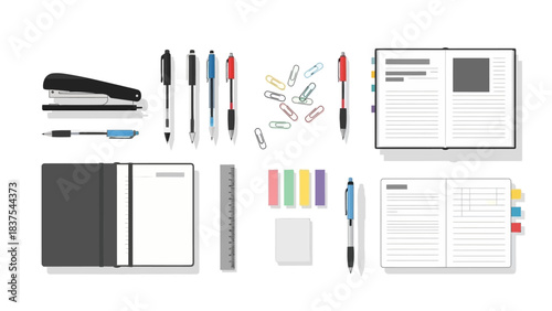 Office supplies stapler pens paperclips ruler sticky notes notebooks and books arranged on a white background