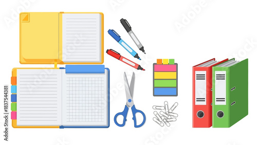 Office supplies two notebooks markers scissors paper clips and two binders
