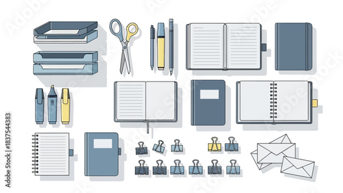 Office supplies trays scissors pens notebooks clips  envelopes