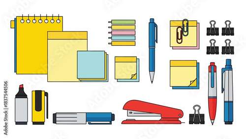 Stationery assortment notebooks pens clips  stapler on a white backdrop