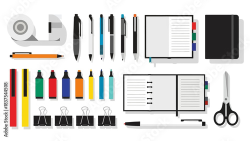Stationery assortment pens markers notebooks tape scissors clips all neatly arranged