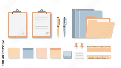 Stationery illustration showing clipboards pens folders sticky notes tacks rulers