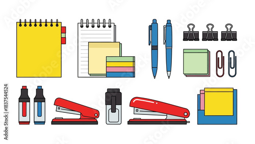 Stationery illustration featuring notebooks pens clips highlighters and staplers