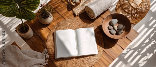 Open book with blank pages on wooden table with decorative items and sunlight