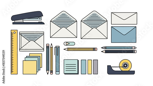 Stationery items include envelopes pens ruler stapler tape and sticky notes on a white background