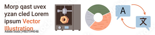 Technology, innovation, communication, 3D printing, data analysis, global interaction. a 3D printer, a divided pie chart and translation speech bubbles. Technology and innovation concept