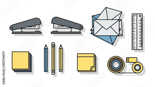 Stationery items staplers envelopes pads pencils ruler tape dispenser arranged on a white surface