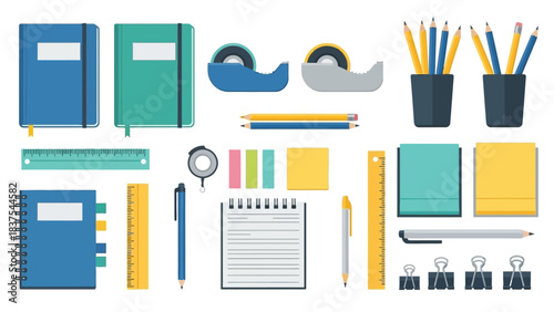 Stationery notebooks pencils tape clips rulers pens  pads in a flat vectorstyle illustration