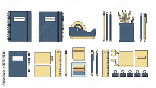 Stationery notebooks tape dispenser pencils pen holder ruler sticky notes binder clips on a white background