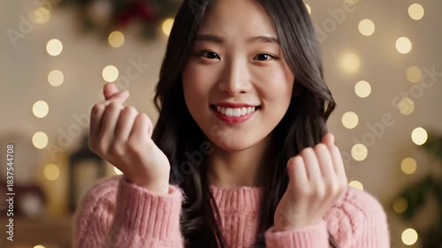 Asian woman, dark hair, pink sweater, forming a heart shape with hands, smiling, background of bokeh lights