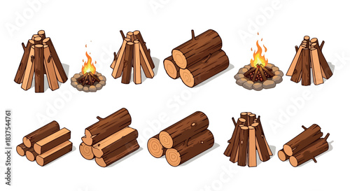 Woodpile and campfire arrangement for outdoor scenes
