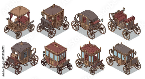 Antique horse-drawn carriages set in isometric view