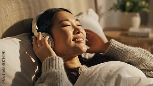 Asian woman relaxes with headphones on, laying in bed with closed eyes, bathed in warm sunlight
