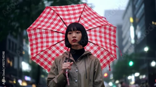 Asian woman under red checkered umbrella, gazing with a serious expression in rainy city weather