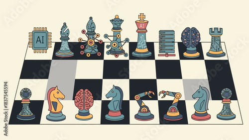 A chessboard representing AI dominance, with AI-themed icons as chess pieces