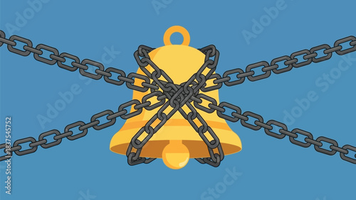 Symbolic illustration of a school bell bound by chains representing restricted access to educational opportunities