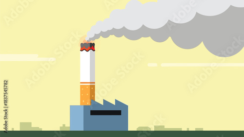 Conceptual illustration of a factory chimney shaped like a cigarette emitting pollution