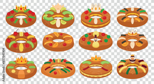Festive donuts with crowns and fruit with transparent background