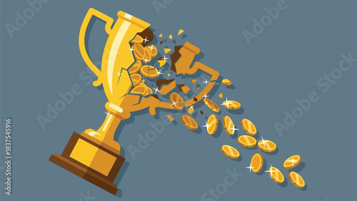 The high cost of success, a shattered trophy spilling gold coins, representing financial difficulties