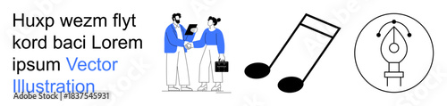 Collaboration, creativity, communication, teamwork, music, design. Two people shaking hands, musical notes and a pen tool icon. Collaboration and creativity in business and design contexts