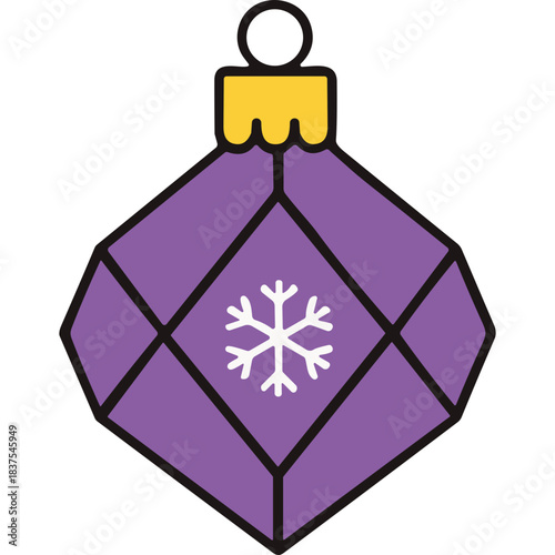 Geometric Purple Christmas Ornament With Snowflake Design and Yellow Cap Isolated on Black Background