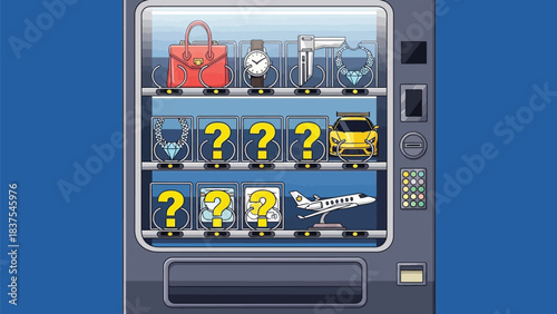 Conceptual vending machine containing luxury goods with uncertain prices