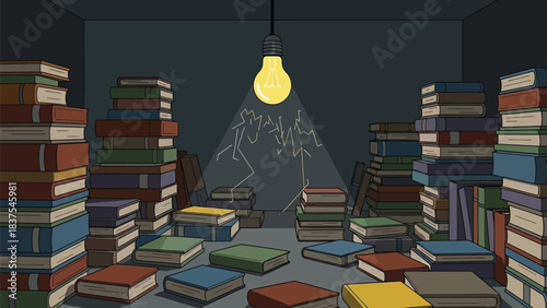 A lone bulb flickers illuminating stacks of books in dim room metaphor concept