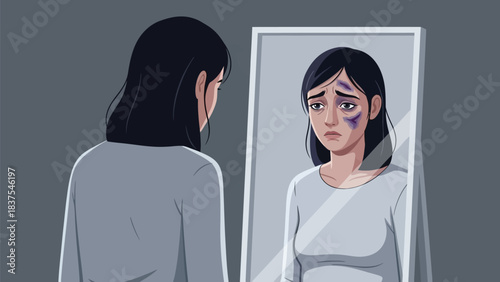 Woman confronts battered reflection in mirror, signifying domestic violence awareness