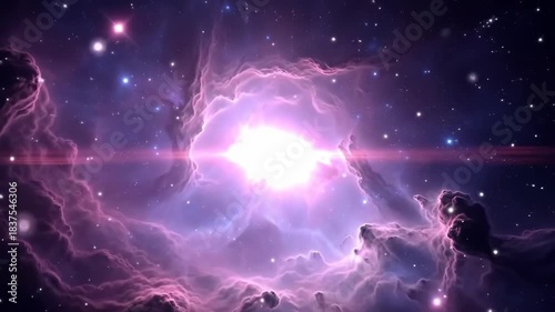 A vibrant, colorful nebula shines brightly amidst a dark space filled with twinkling stars