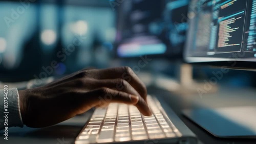 Medium shot of a developer coding smart contracts to automate accurate tax calculations and ensure transparent compliance