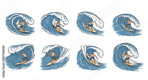 Surfer riding waves sequence action sport