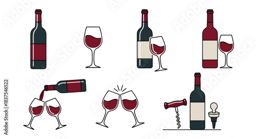 Red wine bottle and glasses with transparent background