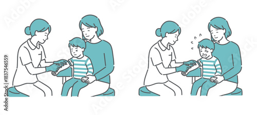 採血に臨む男の子の比較イラスト（落ち着いた vs 泣いて嫌がる）