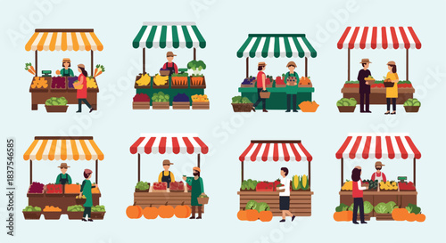 Farmers market stalls with fresh produce and people