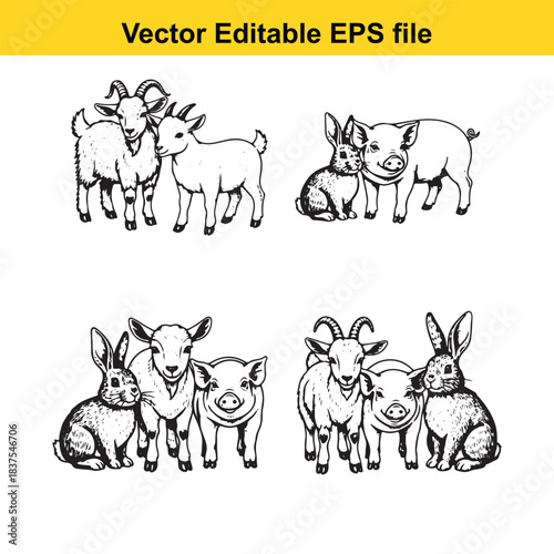  Endearing pairings of farm animals show goats and pigs with rabbits emphasizing their charming interactions