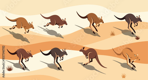 Kangaroos hopping across a desert landscape