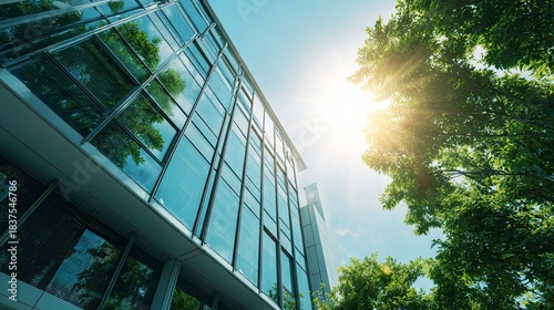 Modern office building exterior with glass windows and trees