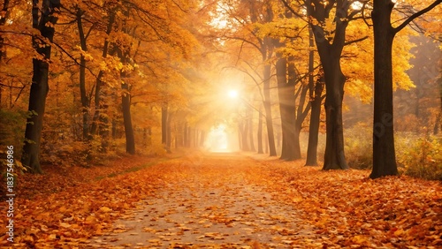 Autumn forest path with sunlit leaves and trees