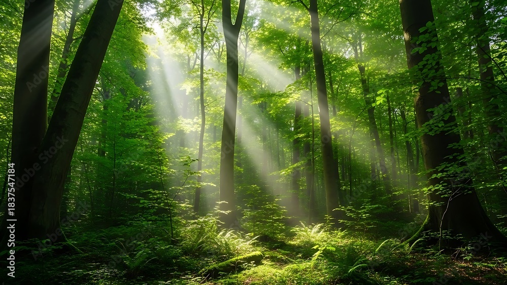 Fototapeta premium Sunbeams piercing through lush green forest canopy creating a magical atmosphere.