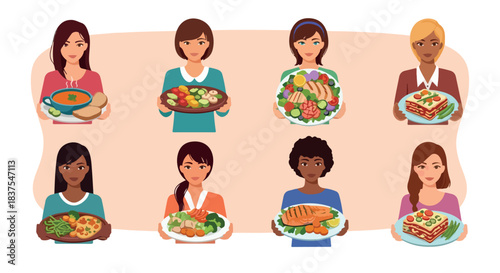 Diverse women holding various healthy food dishes