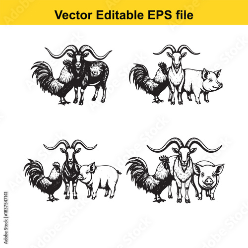  Set of four black and white line art illustrations depicting various farm animals including goats, roosters, and pigs