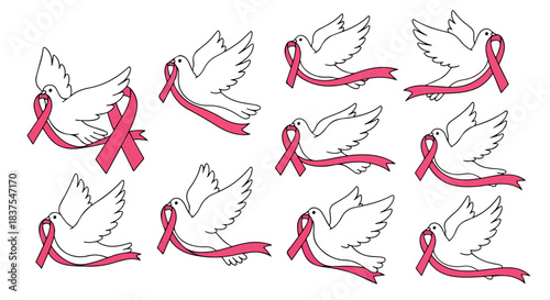 Pink ribbon doves flying with transparent background