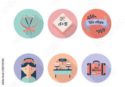 Modern Elopement Icons Sticker Set – 6 Isolated PNG Icons Sparkler Heart, Monogram Napkin, “We Elope” Ribbon, Floral Portrait, Dessert Table & Suitcase Icons