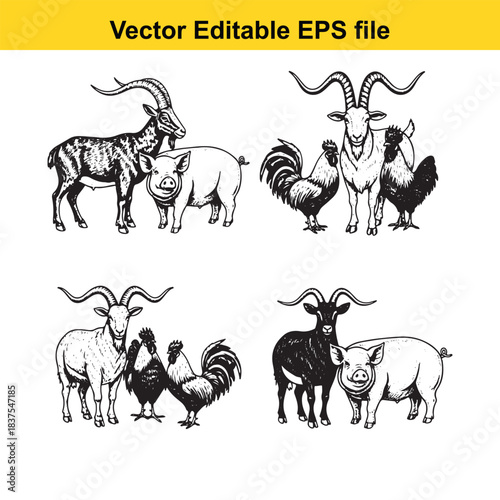  Collection of four unique black and white line art illustrations featuring various farm animals like goats, roosters, and pigs