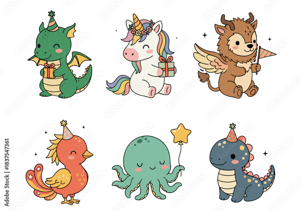 Obraz premium Mythical Babies Icons Sticker Set – 6 Isolated PNG Icons Baby Dragon, Unicorn Foal, Griffin Chick, Phoenix Hatchling, Kraken Calf & Basilisk Tot Icons
